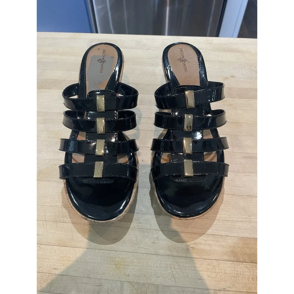 Jaclyn Smith Black Cork Wedge Gold Buckle Patent Faux Leather Strappy Shoes 8 W